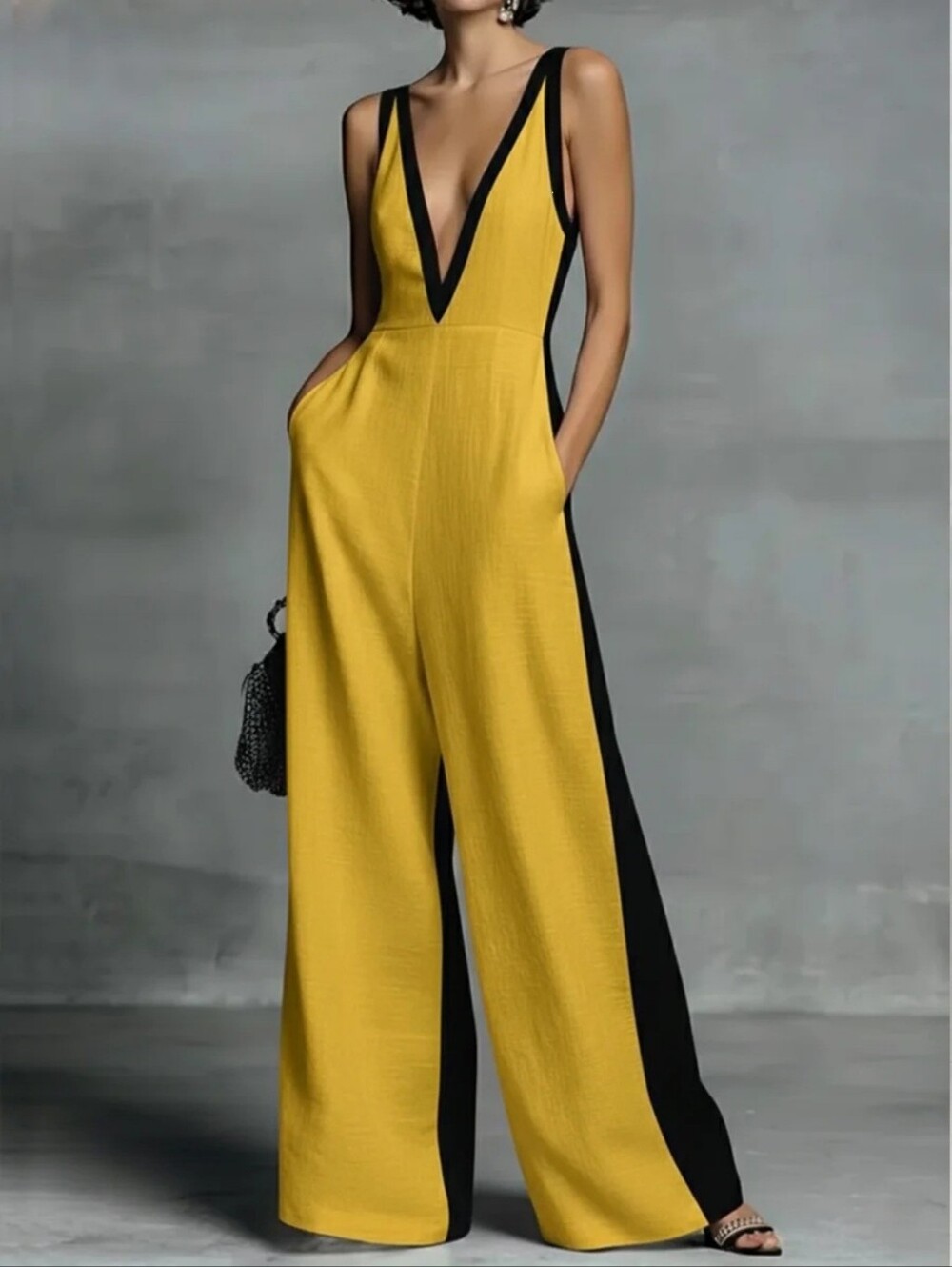Women's Ivory V-Neck Wide-Leg Jumpsuit with Black Side Panels - Picture 6 of 9